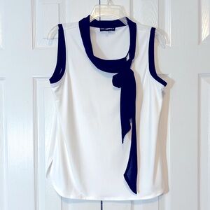 Karl Lagerfeld Tank Top Split Hem White Navy Small Neck Tie Loose Fit Stretch
